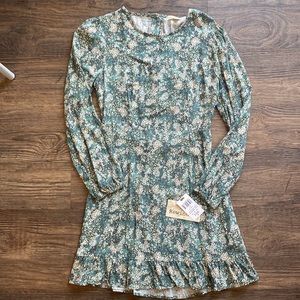 Rewind Teal Floral Long Sleeve Ruffle-Hem Dress